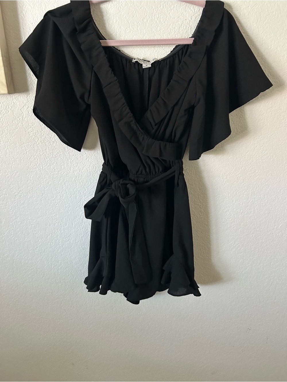 Black Ruffled Romper Dress with Self-Tie Belt - Picture 3 of 6